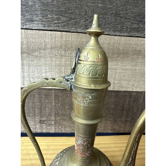 Vintage Original India Antique Red/Brass patterned Jug 8” Tall - Picture 2 of 10